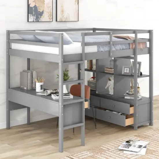 Loft Bed with Built-In Desk, Storage Shelves and Drawers - ModernLuxe image {2}