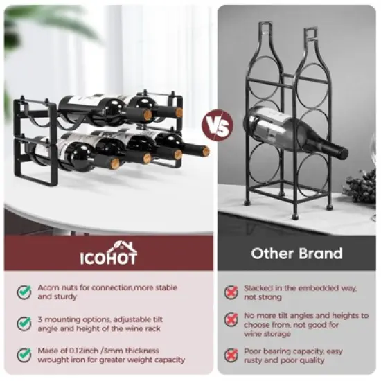 Itopfox Stackable Wine Rack Countertop, Sturdy Freestanding Wine Bottle Holder 2 Tier Tabletop Wine Stand for Pantry Bar Metal Wine Storage Organizer image {8}