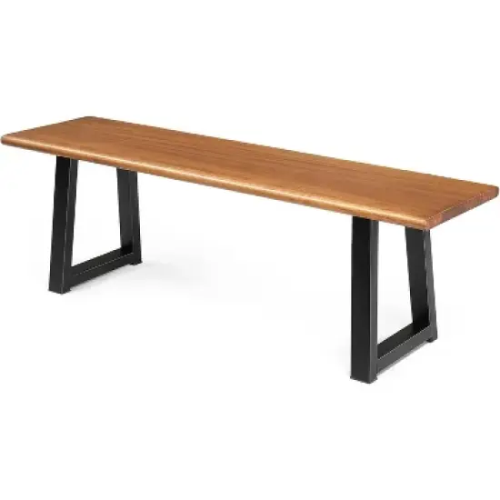 VINGLI 57in Outdoor Bench with Metal Legs, Long Wood Dining Bench Indoor Outdoor, All-Weather Wooden Porch Bench for Yard Garden Patio image {7}