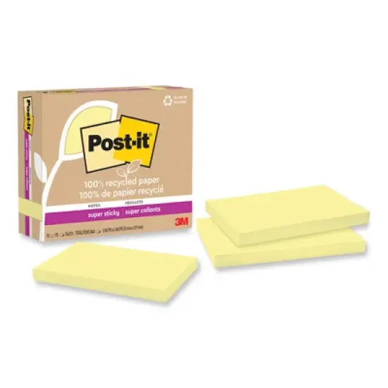 Post-it Notes Super Sticky 100% Recycled Paper Super Sticky Notes, 3" x 5", Canary Yellow, 70 Sheets/Pad, 12 Pads/Pack image {4}