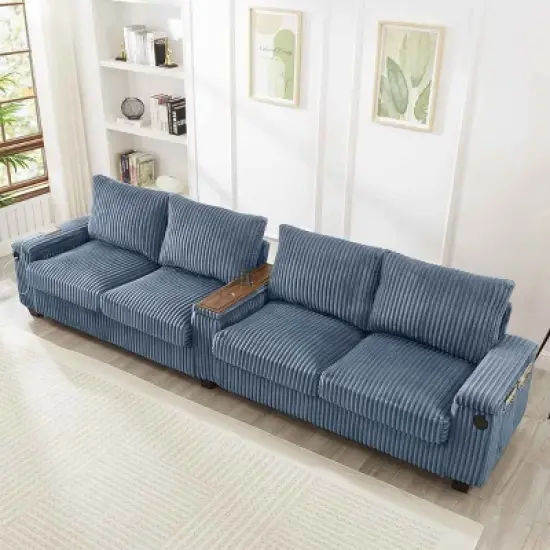 4-Seater Sofa Couch with Hidden Arm Storage, Sofa with USB Ports and Flip-Top Cup Holders, Corduroy Sofa with Plywood Frame-Cuddlewood image {8}