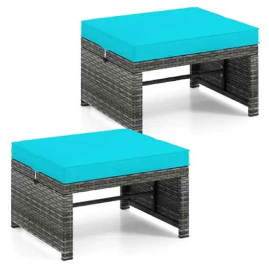 Tangkula 2 Pieces Patio PE Rattan Ottomans with Soft Zippered Cushions for Deck Frame image {11}