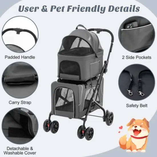 Costway Double Pet Stroller for 2 Dogs or Cats w/ 2 Detachable Carriers Safety Belt Gray image {9}