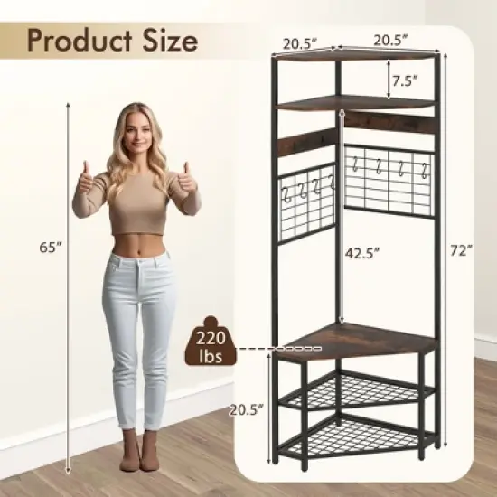 Tangkula 5-Tier Corner Hall Tree w/ Shoe Storage Bench 12 Metal Hooks for Living Room Brown image {8}