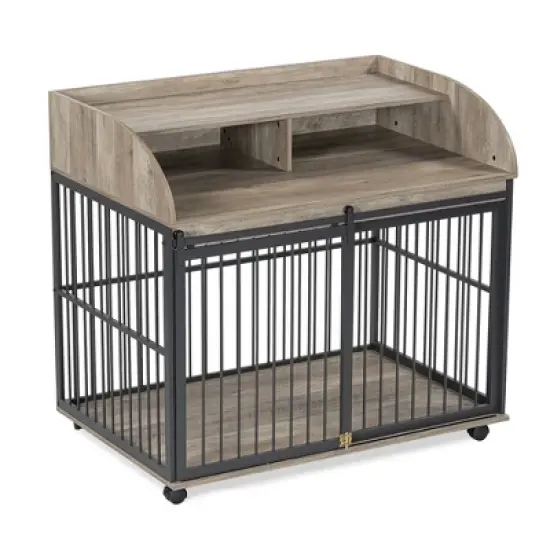 YOOCOZZ 44'' Heavy Duty Large Dog Crate, with Lockable Wheels, Wooden Dog Crate Dog Kennel, End Table Crate with Double layer storage-Gray image {5}