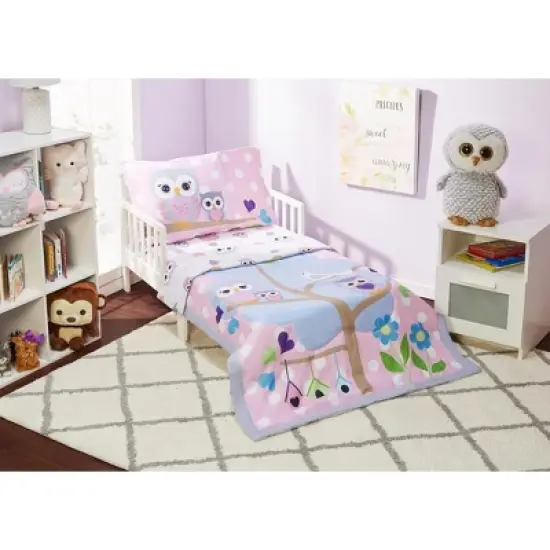 Everyday Kids 4-Piece Toddler Bedding Set - Owls Design - Soft 100% Cotton Percale Comforter, Flat Sheet, Fitted Sheet & Pillowcase image {9}