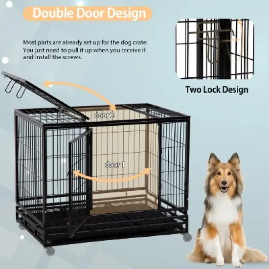 FDW 36/42/48 Inch Dog Crate Heavy Duty Dog Kennel Indoor Outdoor Metal Dog Cage with Removable Pan and Lockable Wheels Pet Playpen for Training image {2}