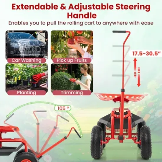 Tangkula Rolling Garden Cart Scooter w/ Adjustable Seat Storage Basket Tray Red image {3}