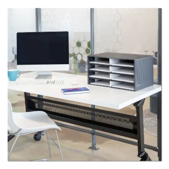 Bankers Box Decorative Sorter, 8 Letter Compartments, 19.5 x 12.38 x 10.25, Black/Gray Pinstripe image {2}