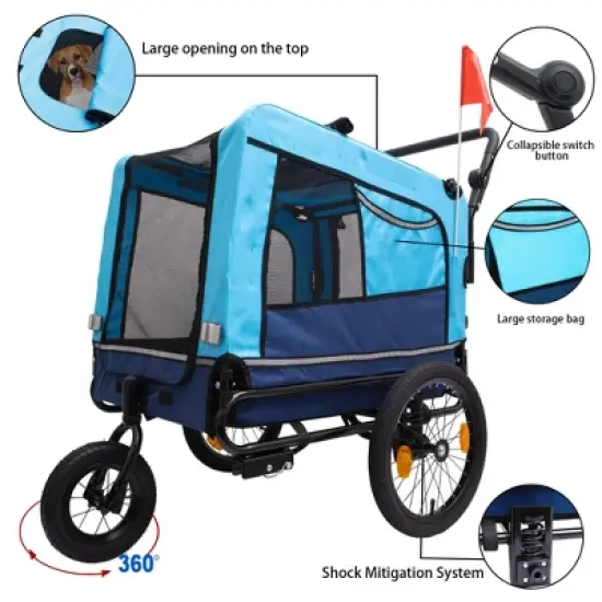 2-in-1 Bike Trailer & Push Cart for Pets - Detachable Bike Hitch & Push Handle Included - Holds Pets Up to 88 lbs, Blue image {3}