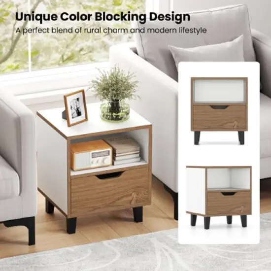 Tangkula 2PCS Nightstand Mid Century Modern Bedside Table w/ Drawer Open storage Shelf image {6}