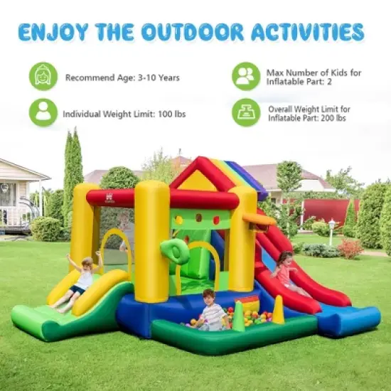 Costway Colorful Rainbow Kids Inflatable Bounce Castle with 50 Ocean Balls & 735W Blower image {4}