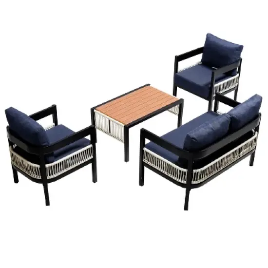 FIONECA Multi-Person Outdoor Iron Sofa Set with Table, Rattan Accent, Waterproof & Rust-Proof Patio Furniture, Dark Blue image {5}