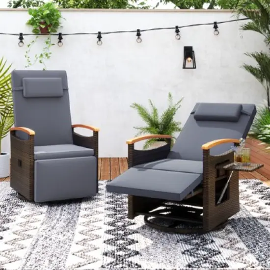 Tangkula Set Of 2 Patio Rattan 360&deg; Swivel Recliner Chair Wicker Lounge Chair w/Adjustable Backrest & Footrest Reclining Seat w/Flip Side Table image {1}