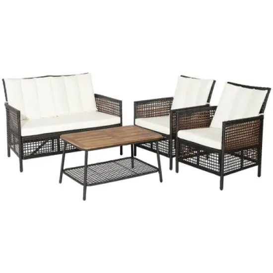 Tangkula 4PCS Cushioned Patio PE Wicker Conversation Furniture Set w/ Acacia Wood Tabletop image {7}