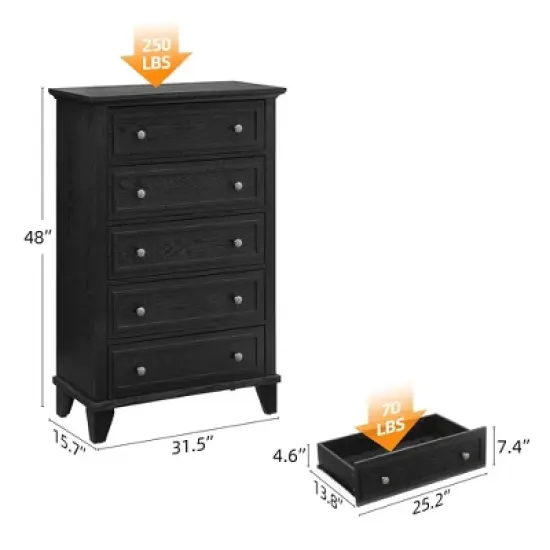 Garvee 5 Drawer Dresser for Bedroom, 48" Tall Wood Dresser & Chests of Drawers, Modern TV Stand Chest Organizer for Living Room image {1}