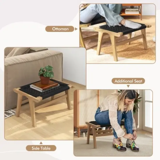 Tangkula 2PCS Teak Ottoman Footstool w/ Handwoven Cordage for Patio Porch Balcony Lawn image {4}