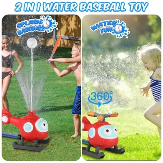 iMountek"2-in-1 Water Sprinkler Baseball Helicopter Toy for Kids - 360&deg; Rotating Tee Ball Set for Summer Fun"Red image {2}