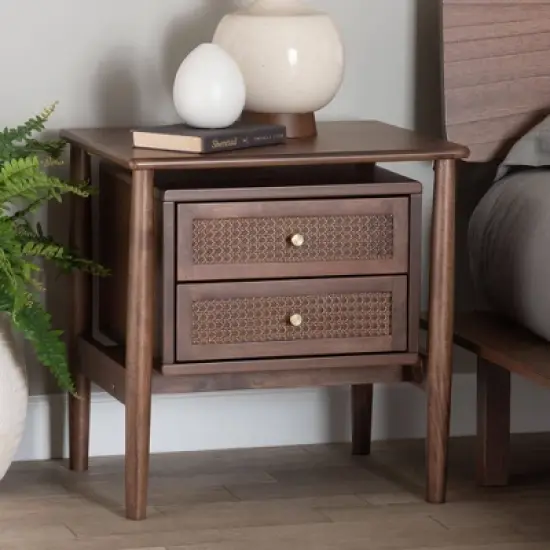 Baxton Studio Alyssa Wood 2 Drawer Nightstand Woven with Rattan Walnut Brown image {3}