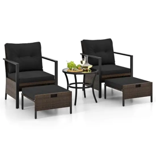Costway 5 PCS Outdoor Furniture Set Rattan Chairs & Ottomans with Glass Topped Coffee Table Off White/Black/Navy/Gray image {1}