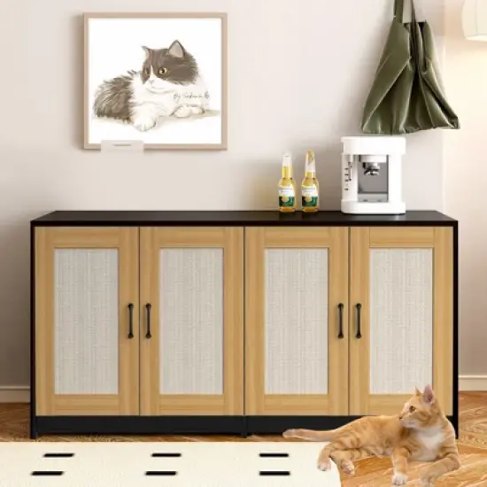 47'' Cat Litter Box Enclosure for 2 Litter Boxes with 4 Sisal Doors, Hidden Litterbox Enclosure with Double Room, Wooden Sideboard TV Stand image {7}