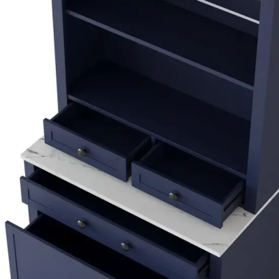 TIRAMISUBEST 83.7" Modern Kitchen Pantry Cabinet with Faux Marble Top, 5 Drawers & Adjustable Shelf - Freestanding Storage Hutch, Blue image {14}