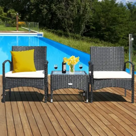 Costway 3 PCS Furniture Set Table & 2 Chair Patio Wicker Rattan W/Cushion image {8}