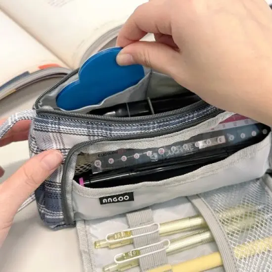 Wrapables Large Capacity Pencil Case, Portable Pencil Pouch for Stationery Office Supplies, Plaid Blue image {5}