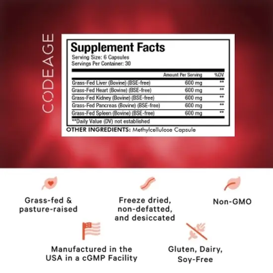 Codeage Grass-Fed Beef Organs Pasture-Raised Non-Defatted Glandular Supplement - 180ct image {2}