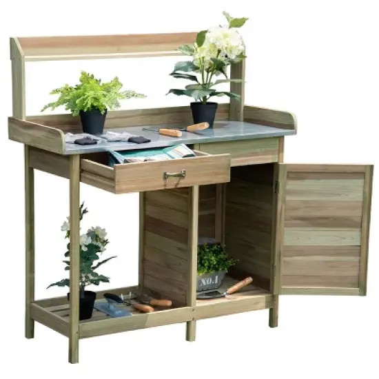 Costway Outdoor Potting Bench Garden Wooden Work Station Metal Tabletop Cabinet Drawer image {4}