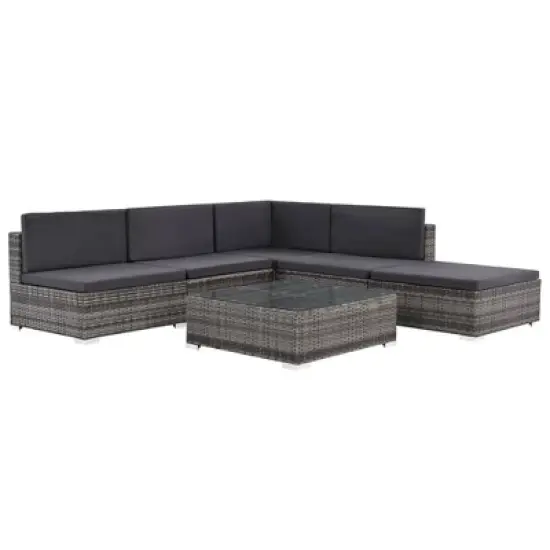 vidaXL Patio Lounge Set - 6-Piece Poly Rattan Gray Sectional Sofa Set with Coffee Table and Ottoman - Comfortable Outdoor Seating with Cushions image {1}