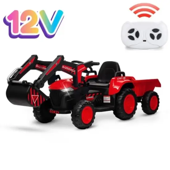 3-in-1 Ride-On Kids Excavator with Remote Control, 12V Electric Car Toy with LED Lights, Bluetooth Music, Digger and Trailer image {8}