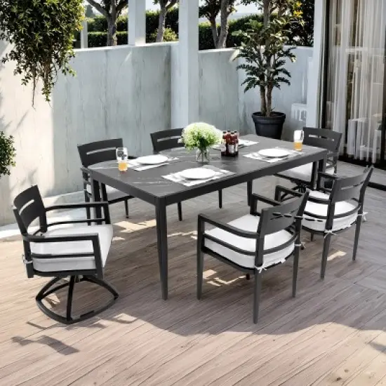 7-Piece Aluminum Patio Dining Set, 71" Sintered Stone Top Rectangular Table and 4 Armchairs & 2 Swivel Rockers with Sunbrella Cushions &ndash; Cuddlewood image {7}
