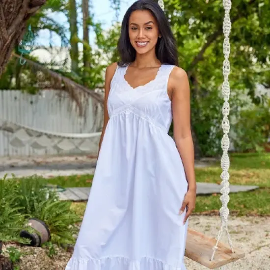 Women's Cotton Victorian Nightgown, Priscilla Sleeveless Lace Trimmed Deep V-neck Long Vintage Night Dress Gown image {2}