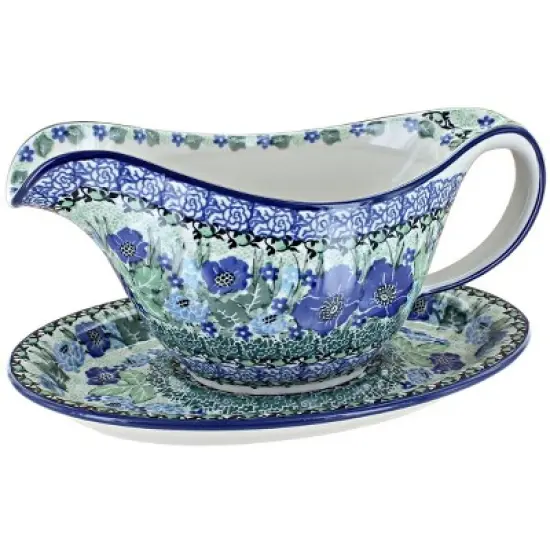 Blue Rose Polish Pottery 239 Ceramika Gravy Boat & Plate image {5}