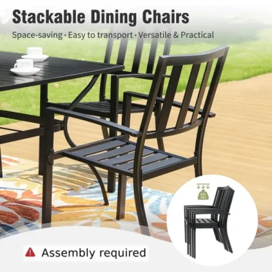Captiva Designs 7pc Patio Dining Set with Slat-top Rectangle Steel Table & Metal Stackable Chairs image {6}