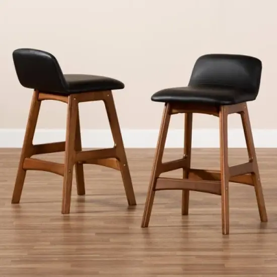 2pc Darrin Faux Leather and Wood Counter Height Barstools Black/Walnut/Brown - Baxton Studio image {6}