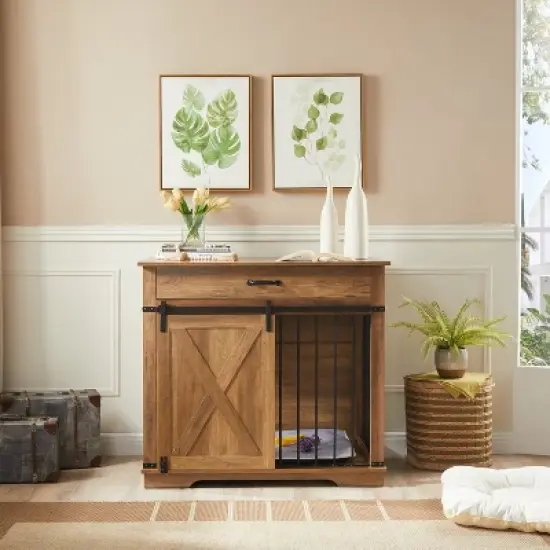 Large Dog Crate Furniture with Barn Door & Storage Drawer, Fits Dogs up to 100 lbs image {2}