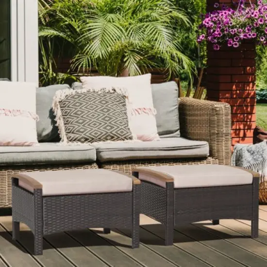 Tangkula Outdoor PE Wicker Ottoman Set of 2 Patio Rattan Footrest Seat with Soft Cushions & Curved Acacia Wood Handles Beige/Navy Blue/Red/Off White image {2}