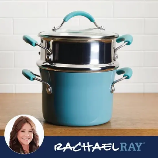 Rachael Ray 3 Quart Covered Multi-Pot Set with Steamer - Agave Blue: Nonstick, Glass Lid, Hand Wash image {6}