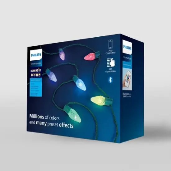 50ct LED Philips ChromaBright App Controlled Indoor/Outdoor Faceted String Lights Multi-Colored with Green Wire image {3}