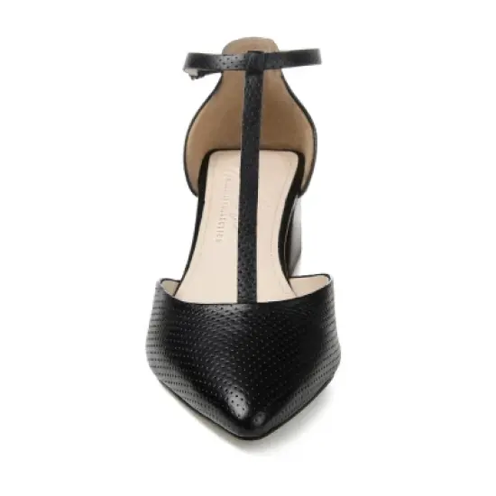 Journee Signature Womens Genuine Leather Cameela Buckle Low Stacked Heel Almond Toe Pumps image {5}