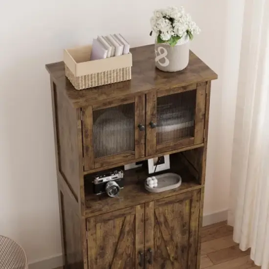 Homhougo 54in Tall Farmhouse Freestanding Kitchen Pantry Cabinet with Glass Doors and Adjustable Shelves Cupboard, Floor Cabinet Brown image {2}