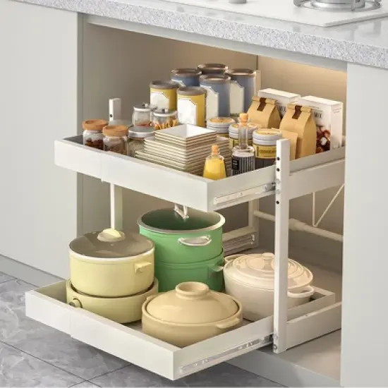 Carbon Steel Kitchen Retractable Storage Rack Punch-Free Drawer-Style Cabinet Dishes And Spice Pull-Out Basket image {2}