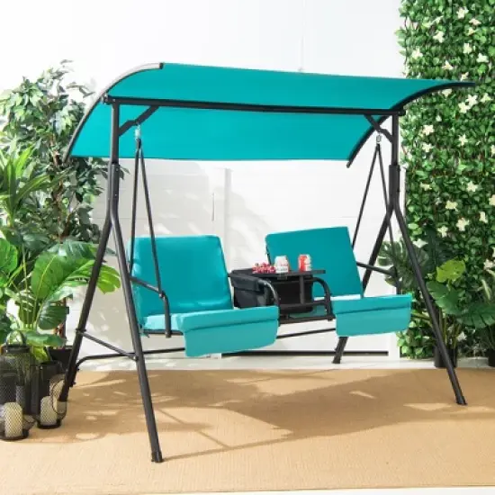 Costway 2-Person Canopy Porch Swing Padded Chair Cooler Bag Rotatable Tray Turquoise\Beige\Black image {12}