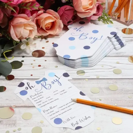 Sparkle and Bash Set of 50 Baby Boy Predictions and Advice Cards for Shower Game Activity & Gender Reveal Party, Oh Boy Polka Dot Design, Blue image {1}