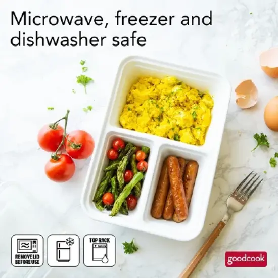 GoodCook Meal Prep 3 Compartment Rectangle Containers + Lids - 4Cups - 20pcs/10ct - White image {10}