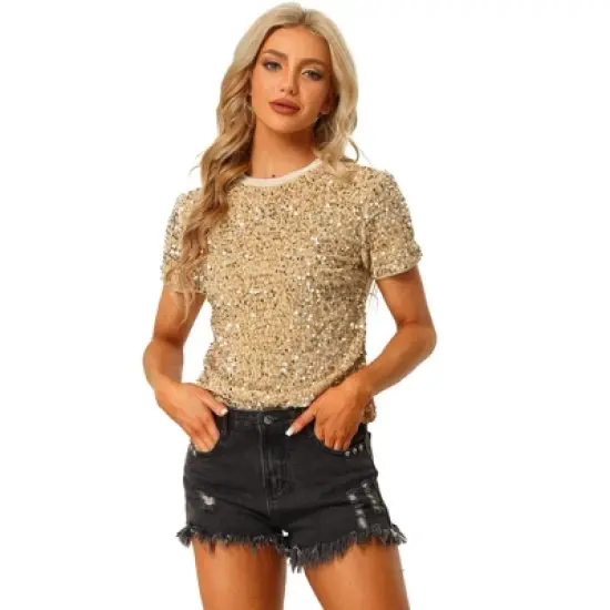 Allegra K Women's Sequin Velvet Crew Neck Short Sleeve T-shirt image {8}