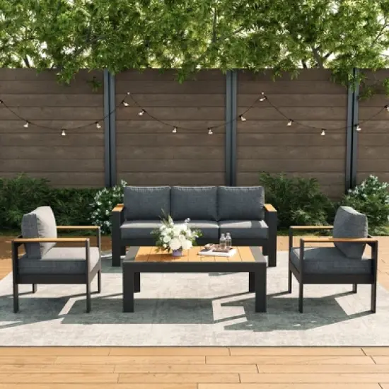 LayinSun 4 Pieces Aluminum Outdoor Patio Furniture Set with Coffee Table, Outside Metal Patio Conversation Sets with Deep Seating and Thick Cushions image {1}