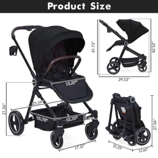 Foldable Baby Stroller, High Landscape Pushchair, Convertible Infant Pram with Reversible Backrest, Storage Basket image {1}